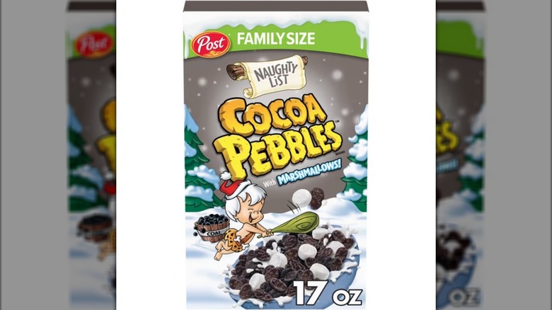 A box of Naughty List Cocoa Pebbles on white background