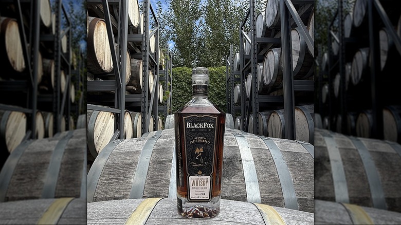 Bottle of Black Fox Whisky on barrels with rows of barrels on shelves along the sides.