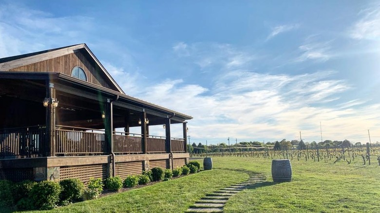 Wide exterior shot of a building and vineyards at Macari Vineyards