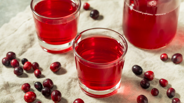 Glasses of cranberry juice next to fresh cranberries