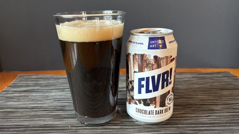 Untitled Art FLVR! chocolate dark brew in glass and can on dark background