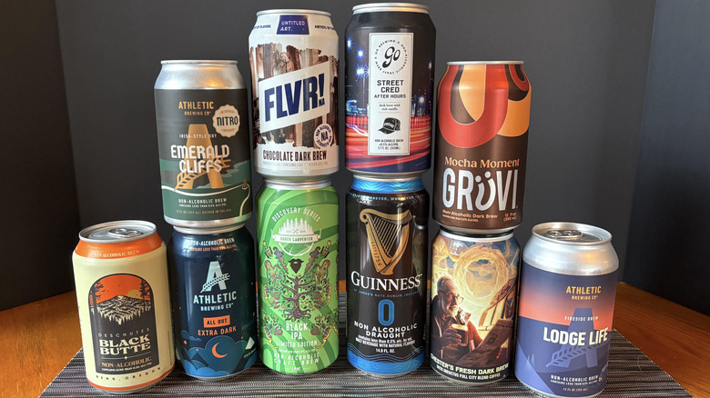 A variety of NA dark brews in can on black background