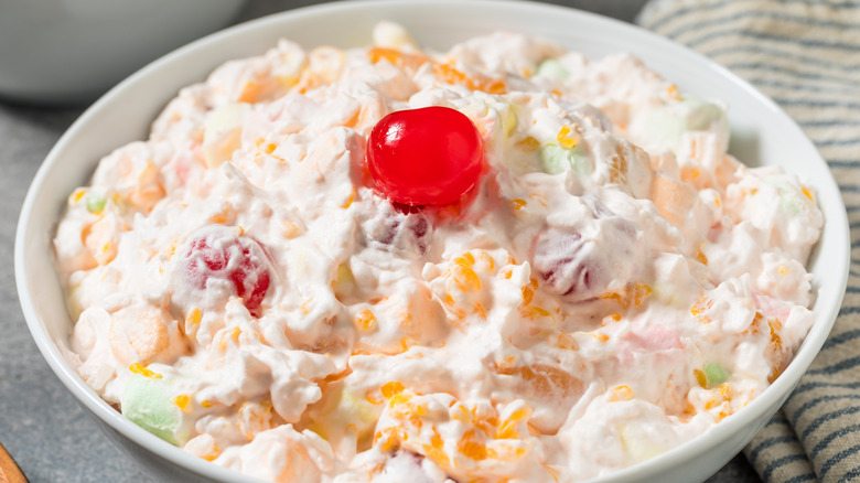 Ambrosia salad with cherry on top