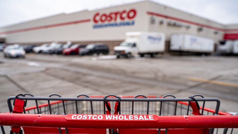 Costco cart close up with Costco warehouse blurred in the back