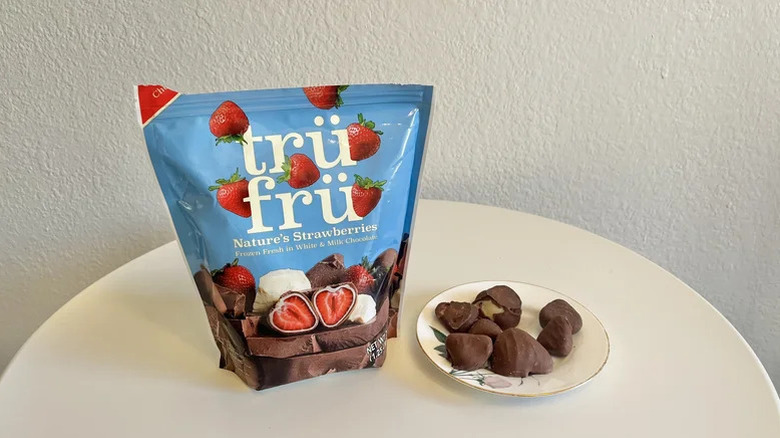 Tru Fru Milk White Chocolate Strawberries bag on a table