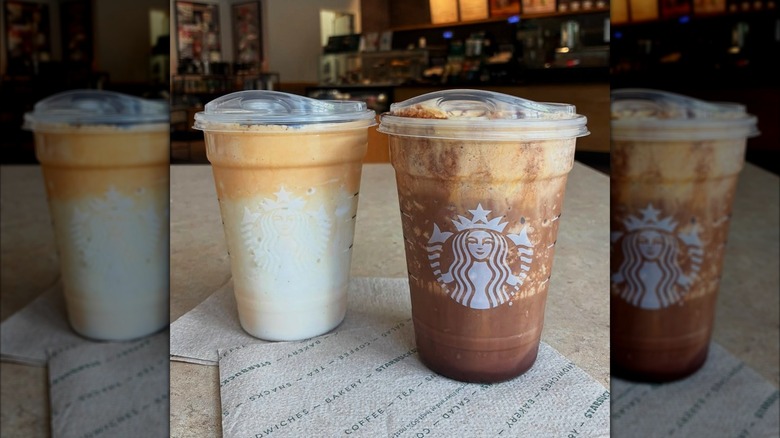 Starbucks Charlie Brown Mocha Frappuccino and Snoopy Cookie Frappuccino on table
