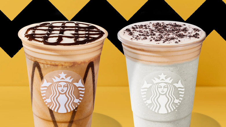 Starbucks Charlie Brown Mocha Frappuccino and Snoopy Frappuccino in logo cups against yellow background