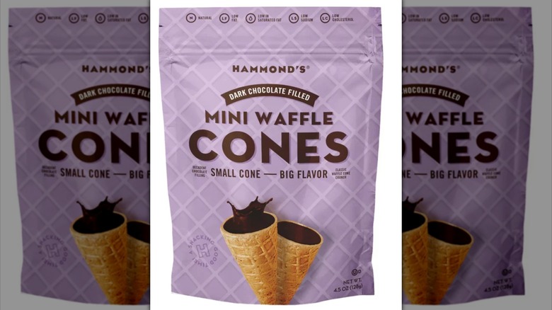 Mirrored image of purple packet of Dark chocolate waffle cones from Hammond's
