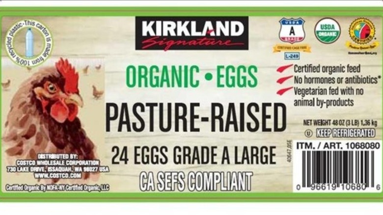 A carton of Kirkland Signature pasture raised organic eggs
