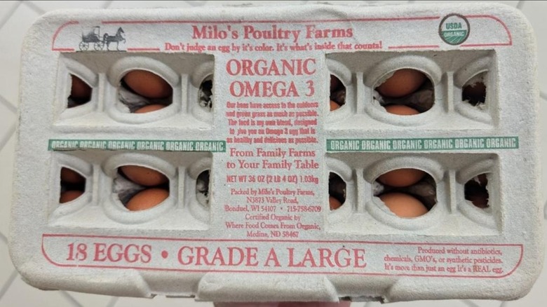 Carton of Milo's Poultry Farms organic omega 3 Grade A large eggs