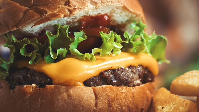 close up of hamburger with lettuce, sauce, and cheese