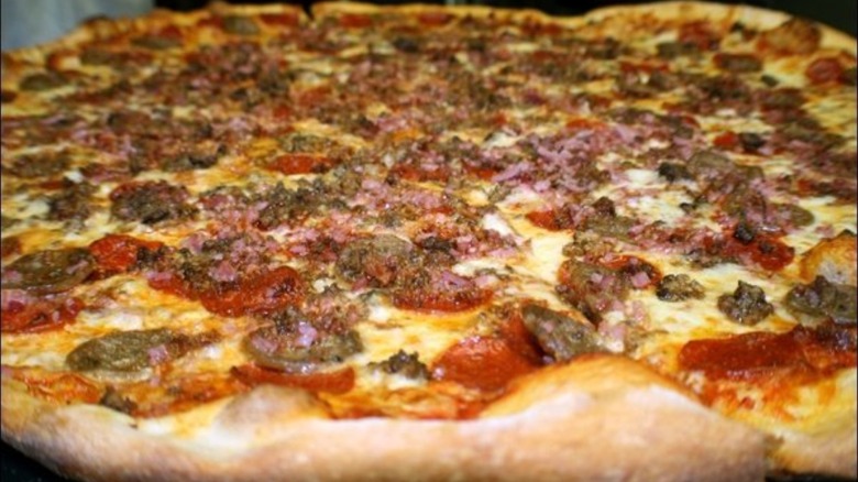 A close up of the giant carnivore pizza from Big Pie in the Sky