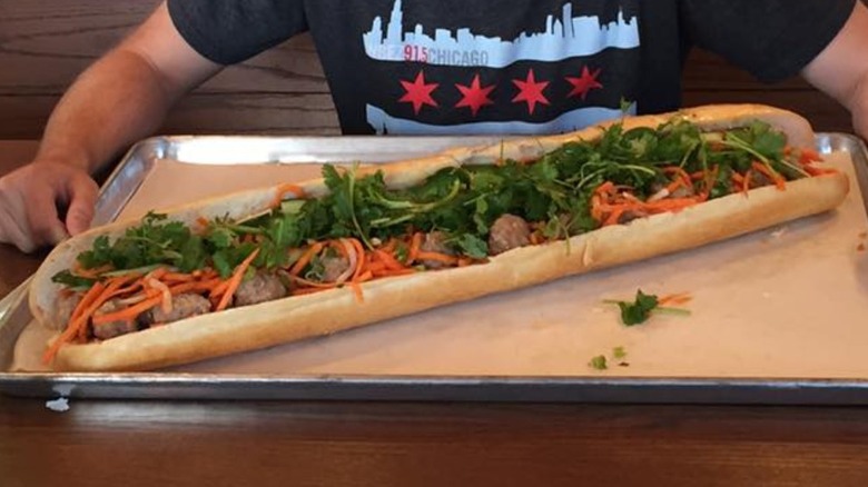close up of more than 2 feet banh mi from Lu's Sandwiches with man sat behind