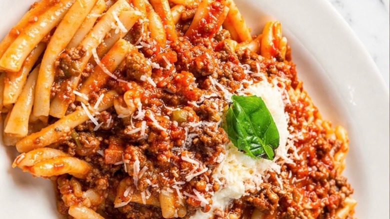 dish of pasta and meat sauce