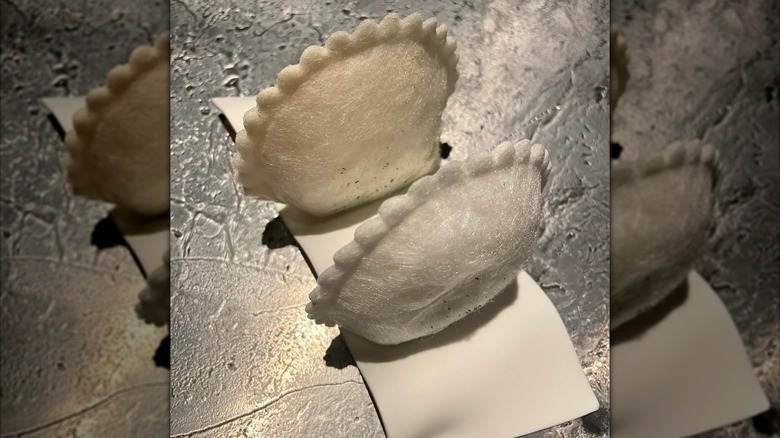 clam shell shaped dumplings against silver background, mirrored image