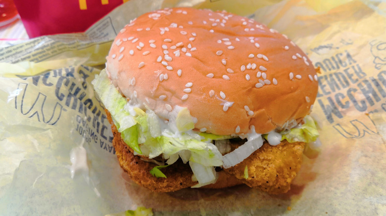 McChicken sandwich on wrapper near McDonald's fries
