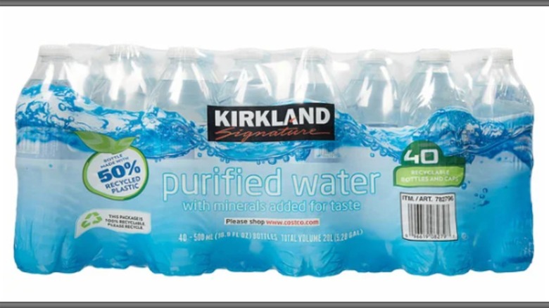 container of Kirkland purified water bottles