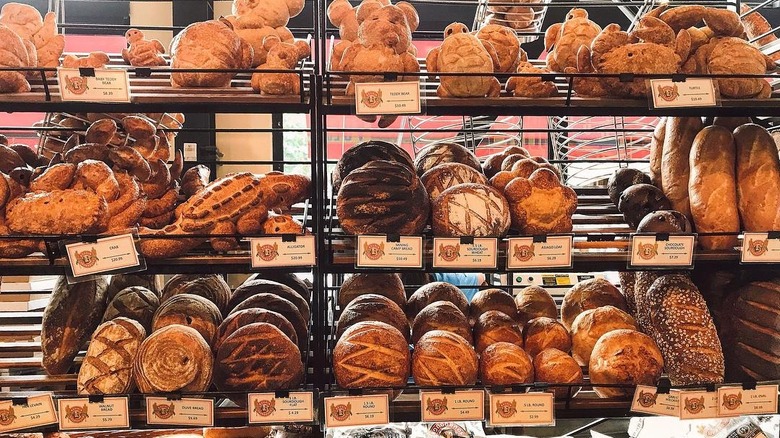 Various breads on shelves at Boudin bakery