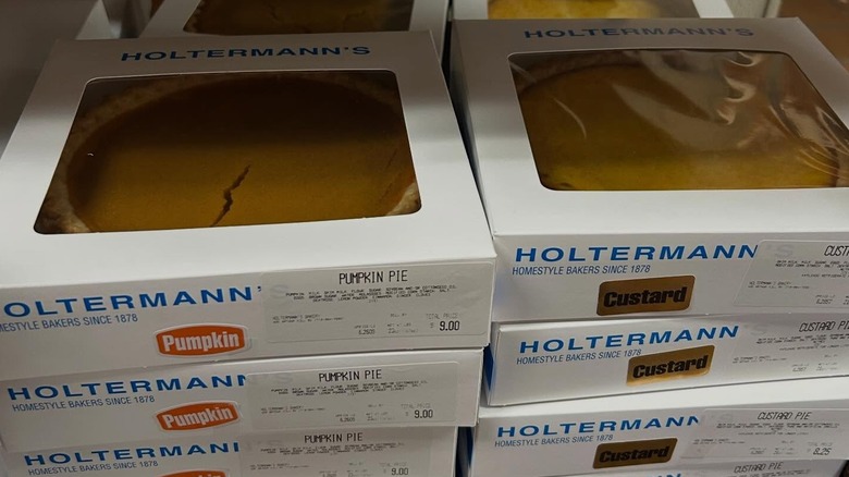 Stacked of boxed pies from Holtermann's Bakery