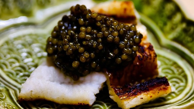 grilled fish topped with caviar at Shingo in Miami