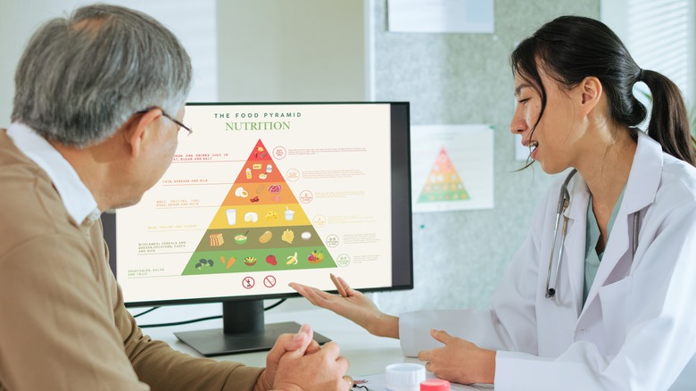 Doctor showing a nutrition food pyramid to a grey-haired male patient