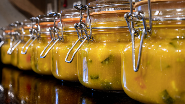 Homemade piccalilli in jars