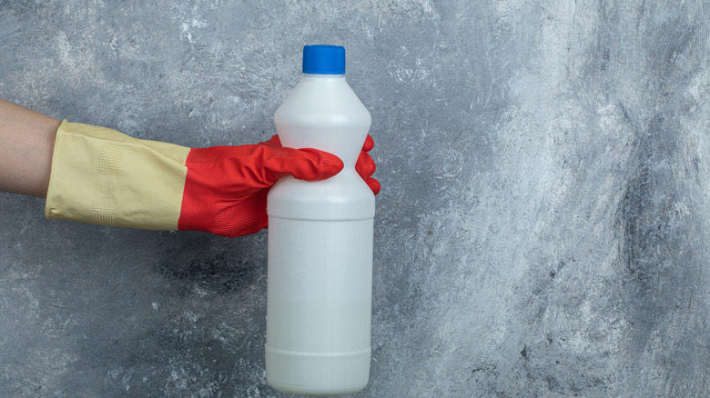 Person wearing red gloves holding a bottle of bleach
