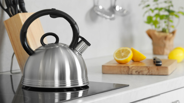 Stainless steel whistling kettle on stovetop