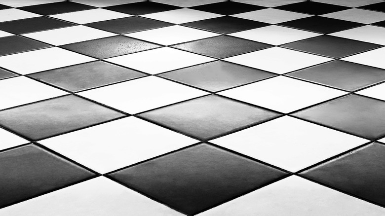 Detail shot of black and white checkerboard flooring