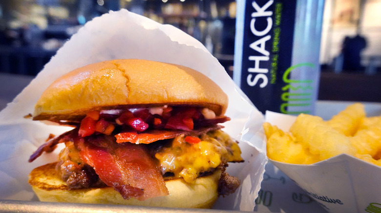 Burger and fries on a tray at Shake Shack