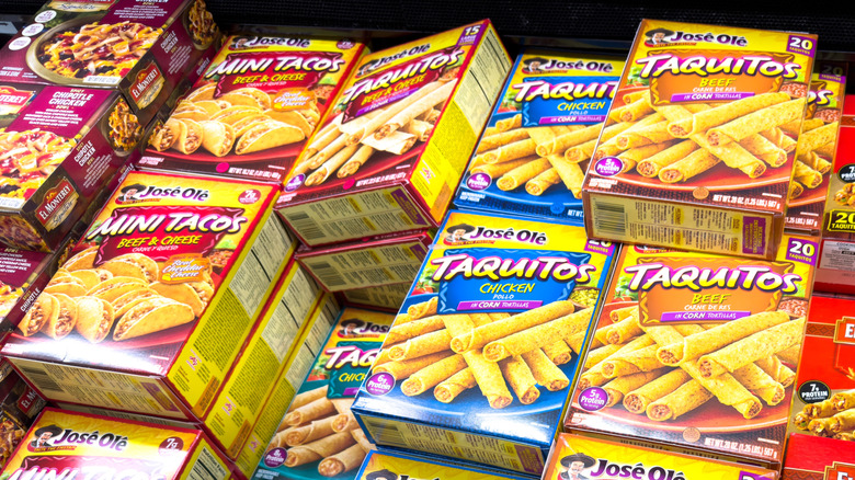 José Olé tacquitos and mini tacos in grocery store freezer