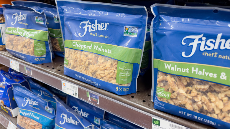 A view of several packages of Fisher walnuts at the store