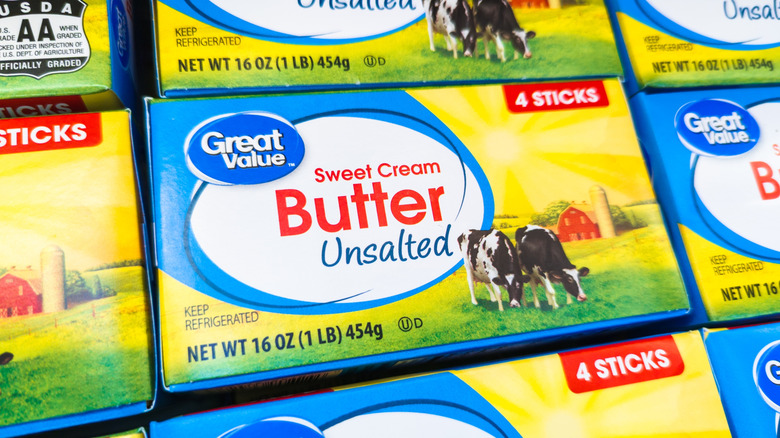 Close up of Great Value Unsalted Butter Products Displayed On Grocery Store Shelf