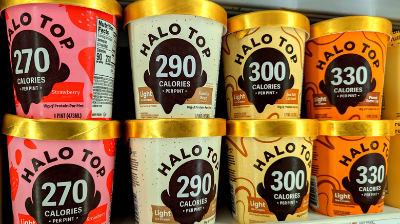 Pints of Halo Top ice creams in freezer