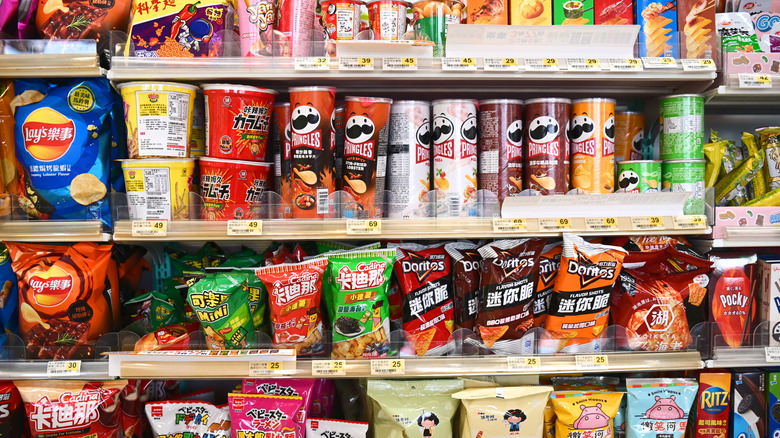 Snack foods arranged on store shelves