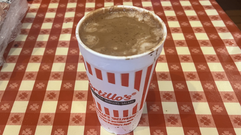 Portillo's chocolate cake shake in to-go cup.
