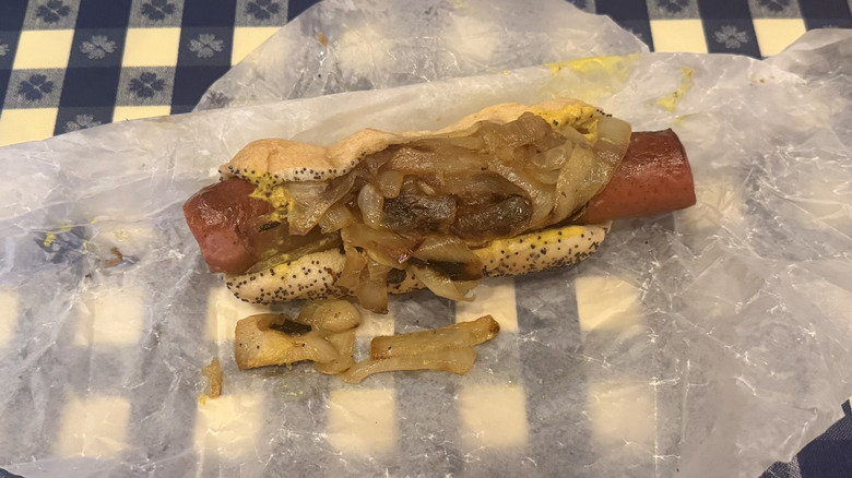Portillo's Maxwell Street Polish sausage with mustard and grilled onions.