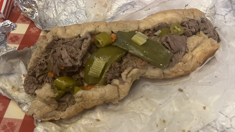 Portillo's Italian beef sandwich with peppers.