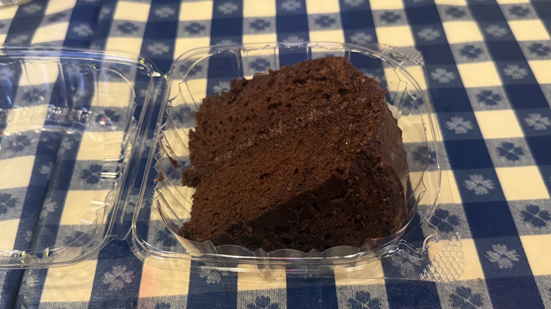 Portillo's slice of chocolate cake in to-go container.