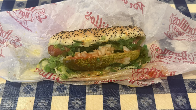 Portillo's Chicago style hot dog with lots of toppings.