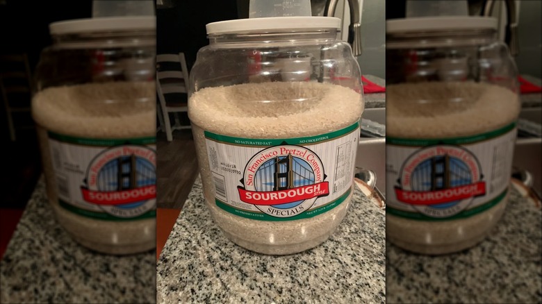 San Francisco Pretzel Company sourdough snack tub turned into a container for bulk rice storage