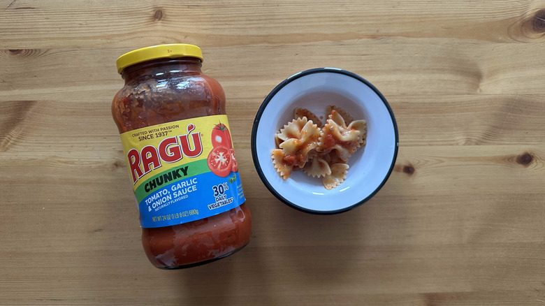Chunky Tomato, Garlic, and Onion Sauce with pasta in white bowl