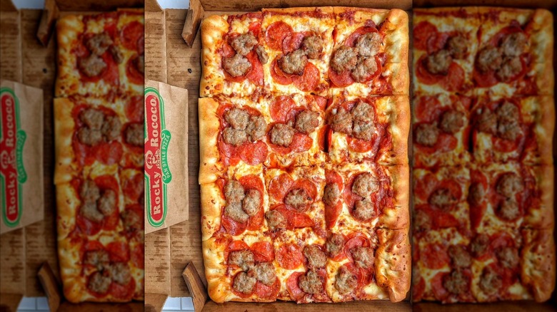 Rectangular pizza in a box from Rocky Rococo, mirrored image