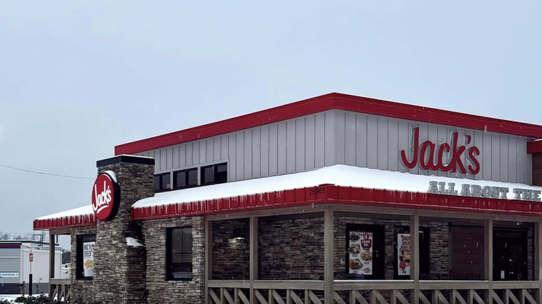 Exterior of Jack's restaurant taken from the parking lot, showing front and side