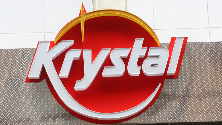Exterior sign of the Krystal restaurant, located at the front of the building