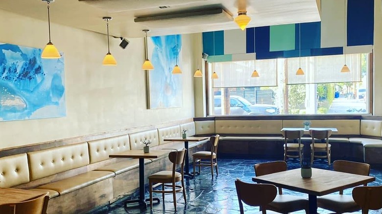 A wide view of an empty lounge at the Kali Restaurant on Melrose Ave. in Los Angeles, California