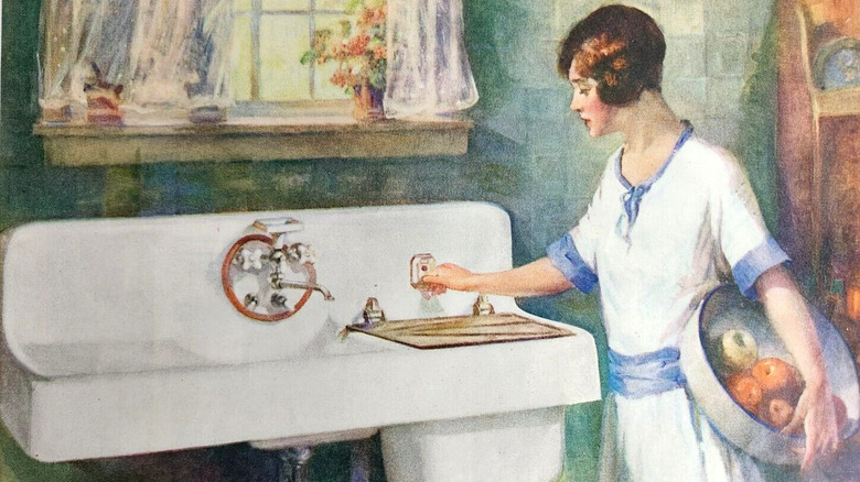 A vintage illustration of a 1920s woman holding a fruit dish, using an electric sink