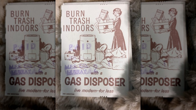 An old flyer for in home incinerators on a fluffy rug, mirrored image