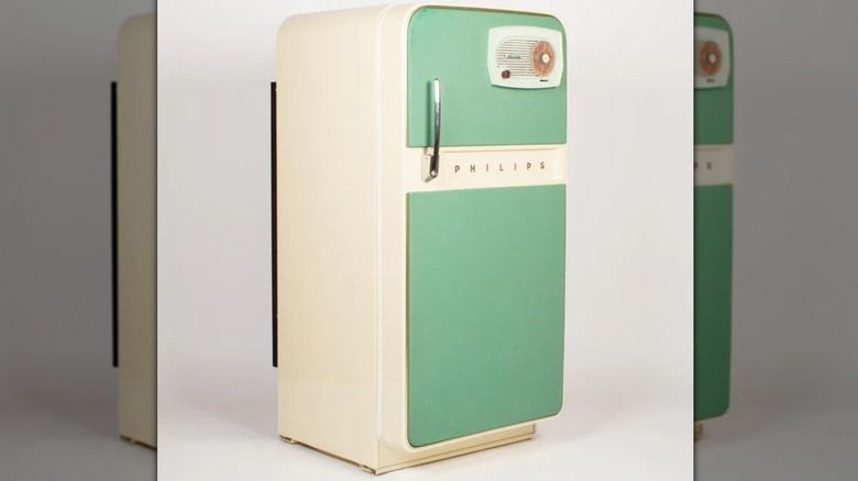 Mirrored image of green and cream vintage Radio fridge