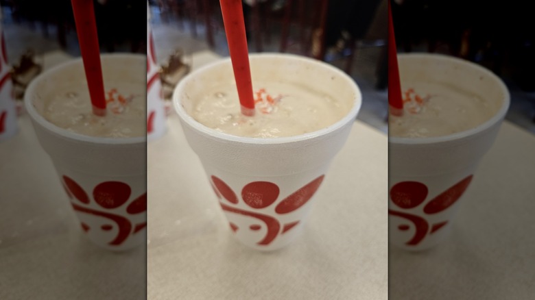 Chick-fil-A shake on table, mirrored image